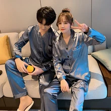 

Men And Women Home Wear Two Piece Set Silk Satin Button-Down Adult Long Sleepwear Solid Color Plus Size Couple Lounge Pajamas