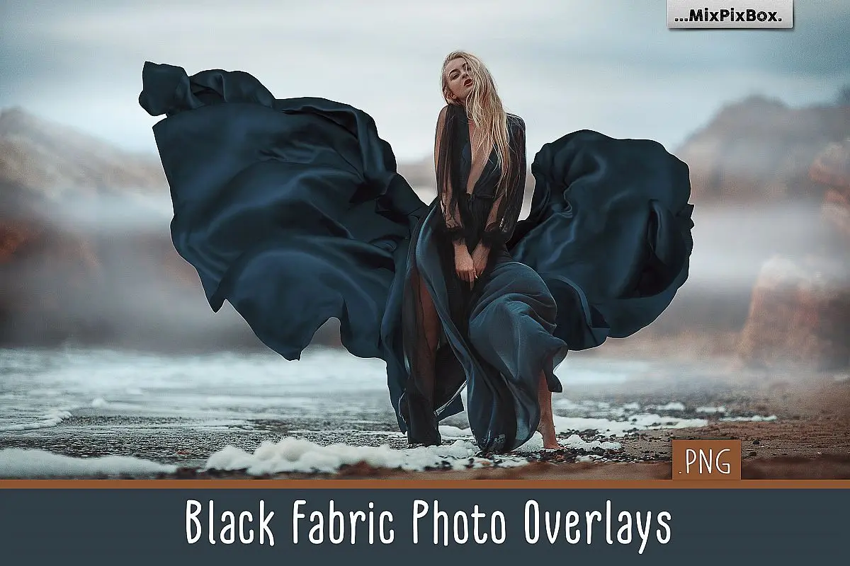 平面素材-44P 黑色布料飘纱PNG透明背景照片叠加素材Black Fabric Photo Ove...(3)