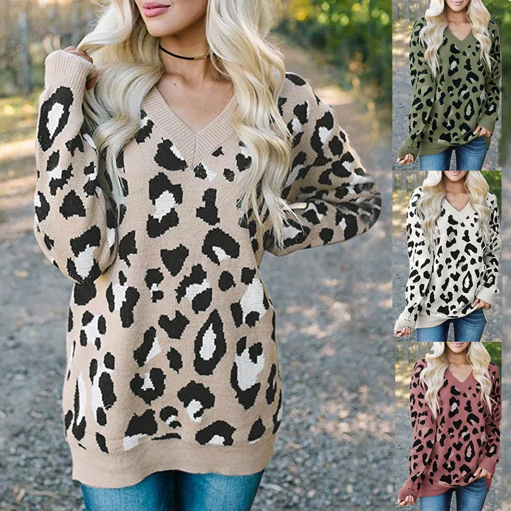 Jaycosin Fashion Casual Lady Leopard Sweater Chic Stylish Comfortable Soft Elegant Loose V-Neck Fit Tops Blouse sweater