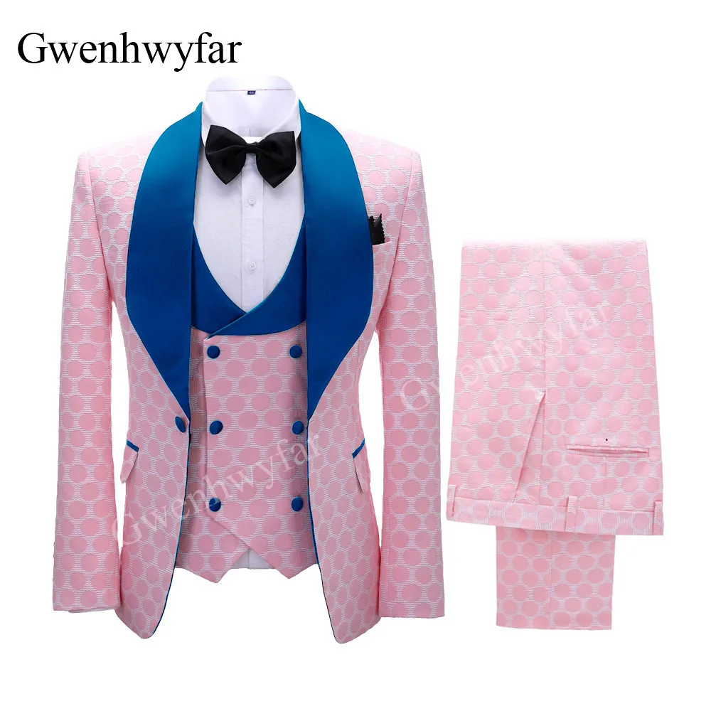 Gwenhwyfar New Polka Dot Suit for Men Made Shawl Lapel Blazer Vest with Pants Fashion Wedding Tuxedos Groomsmen Wear mens suit