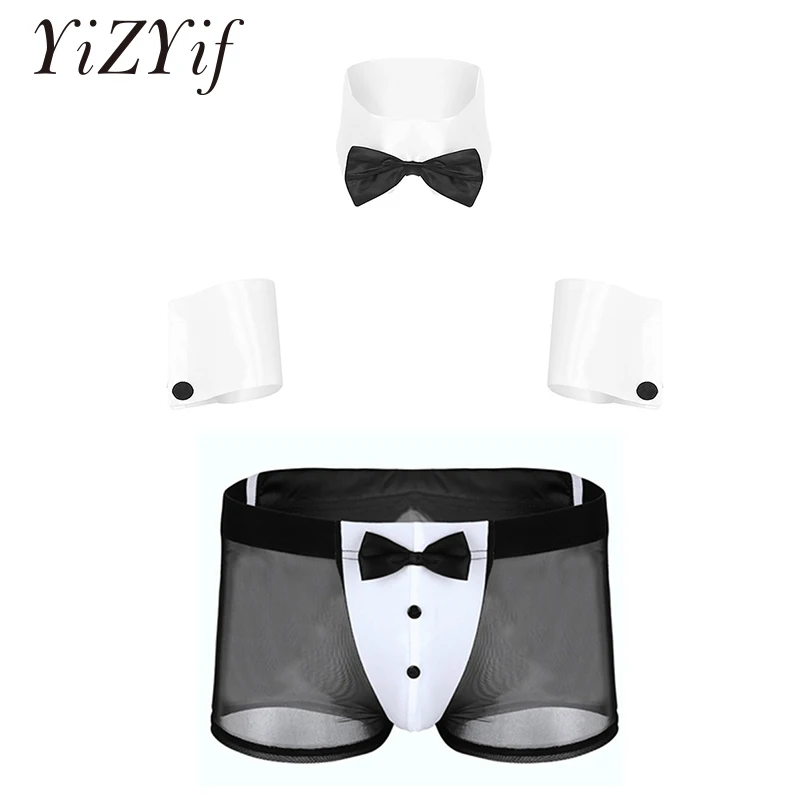 Men lingerie set Waiters Role Play Sexy Gay Men Lingerie Set Adult Dancer Costume Bowknot Collar Cuffs with Mesh Briefs Back Rabbit Ear Underwear