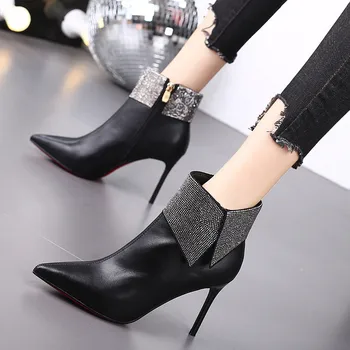 

High-end fashion Western Cowboy Rhinestone Boots Women snake skin Leather Short Cossacks High Heels Cowgirl Booties Ankle botas