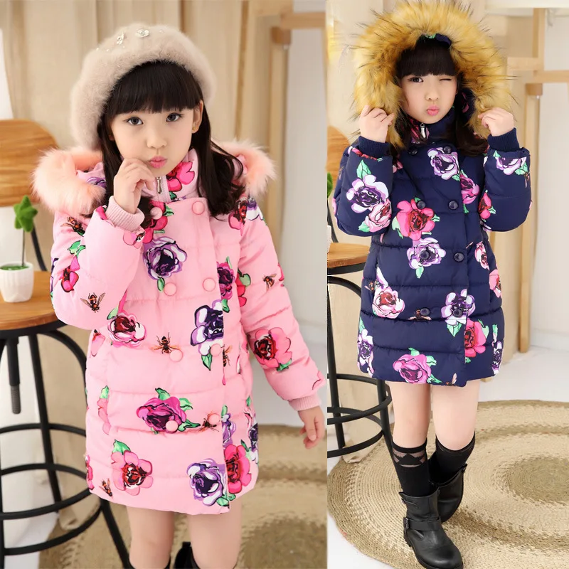 

Girls printing Down Jacket Small Children lovely Cotton Child Padded Jacket Hooded Ears Coat Keep Warm Windproof Winter Clothes