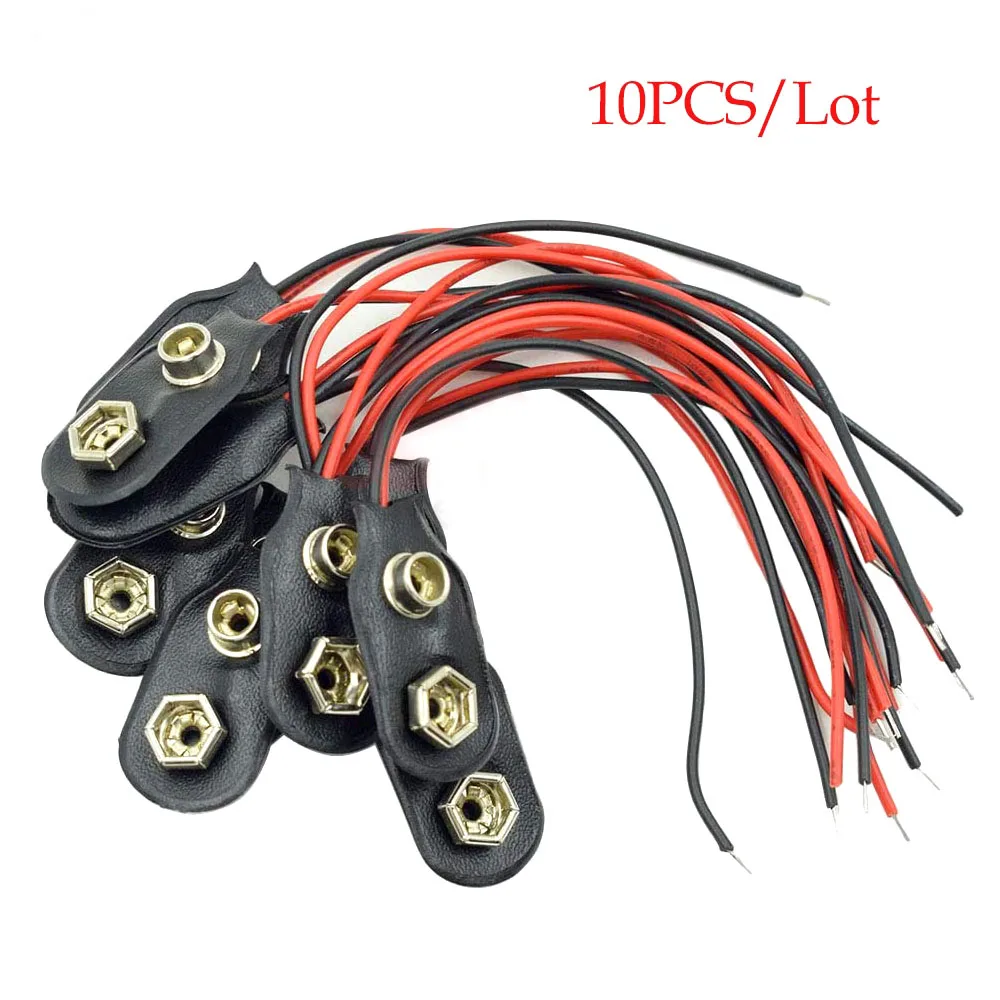 10pcs 9V Battery Clips 10cm Black Red 2 Wired Cable Connection