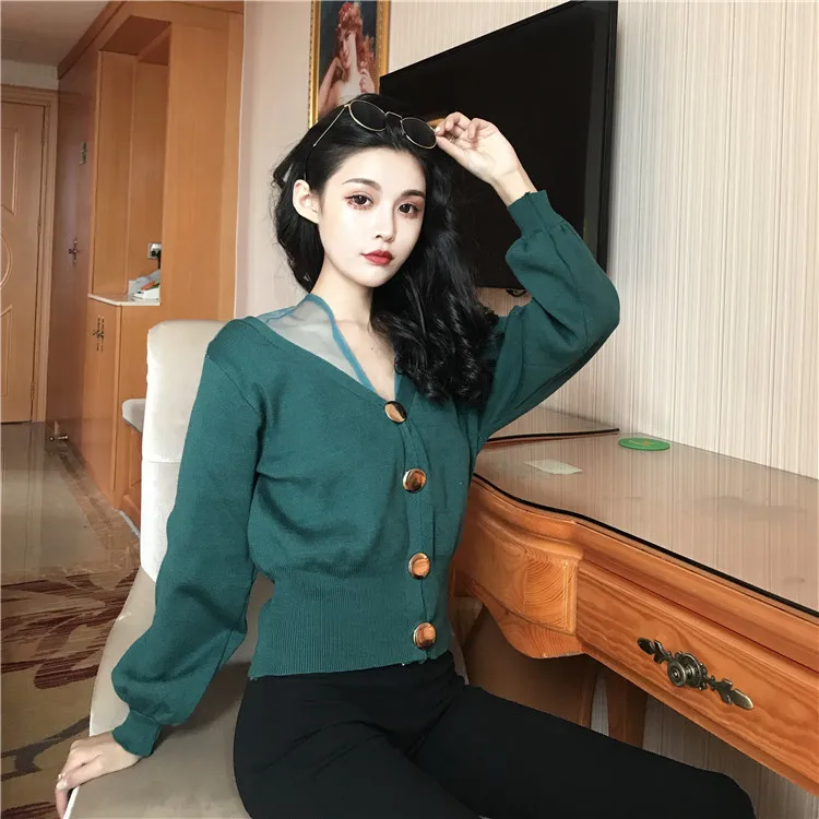 WHITNEY WANG осень зима мода уличная сексуальные с сеточкой в стиле петчворк женский кардиган джемпер sueter mujer invierno - Цвет: Зеленый