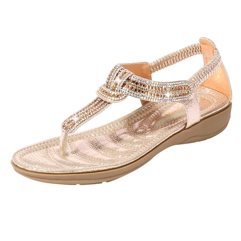 FashionSummer Для женщин Босоножки в богемском стиле с украшениями в виде кристаллов плоский сандалии пляж повседневная обувь с ремешками; без застежки; на плоской подошве; Sandales Femme - Цвет: Gold