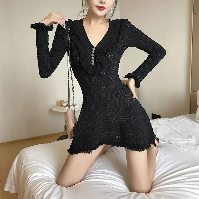 Autumn White Knitted Dress Elegant Women Long Sleeve V-neck Sexy Party Dress Striped Tassel Black Winter Sweater Dresses