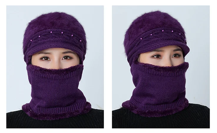 Женская шапка Skullies Beanies, зимняя шапка с жемчугом и кроличьим мехом, вязаная шапка, шарф, женские шапки для женщин, шерстяная шапочка, шапка, маска, шапка