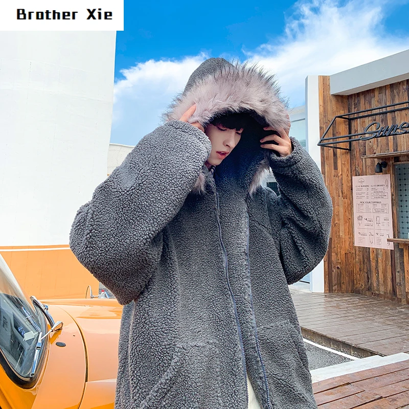 

Winter New Lamb Hair Jacket Men Warm Thick Fashion Solid Color Casual Fur Collar Hooded Coat Street Loose Cotton Male Clothes
