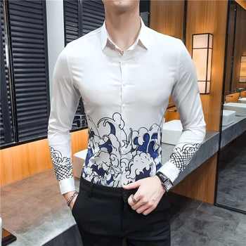 

Spring Man Streetwear Club Party Clothes Chemise Homme Camisa Masculina Black White Shirt Men Print Casual Slim Fit Dress Shirt