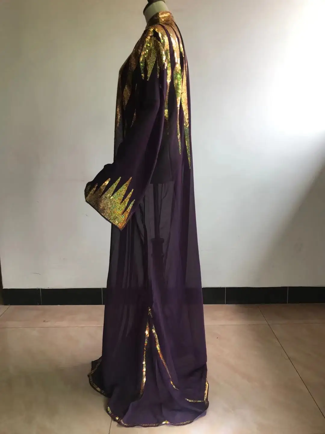 New African Women's Dashiki Fashion Abaya Stylish Chiffon Sleeve Golden Sequin Loose Long Coat Dress Black Free Size african pants