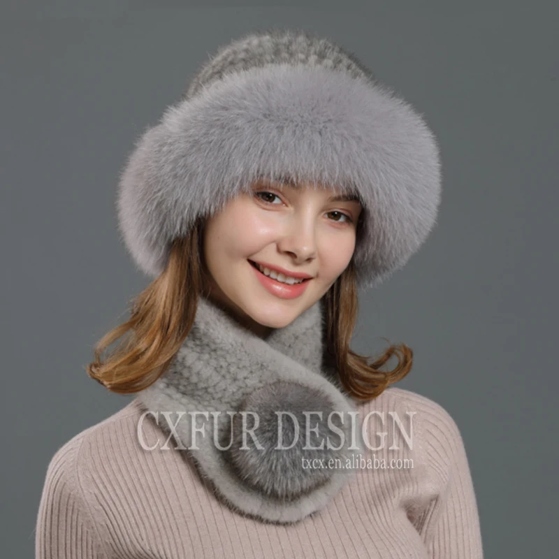 CX-C-99A Luxury Pom Pom Woman Fashion Scarf Real Fox Fur Around Trim Knit Mink Fur Hats