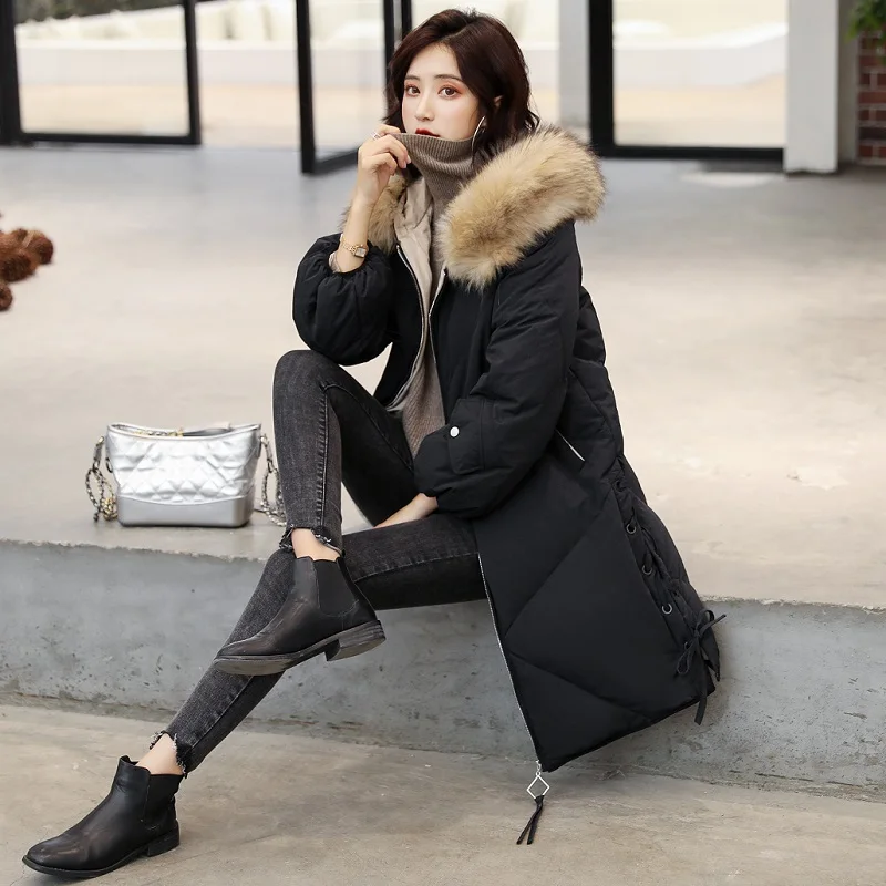 Fashion Down Coat Long Jacket New Winter Loose Parkas Female Overcoat Fur collar Hooded Warm Down Jacket Thick Tops WM154 - Цвет: black