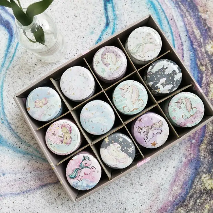 

24pcs/box Dream Unicorn Print Tin Drum Shape Box Metal Coin Saver Jewerly Case Pill case Chocolate Box Iron Gift Storage Case