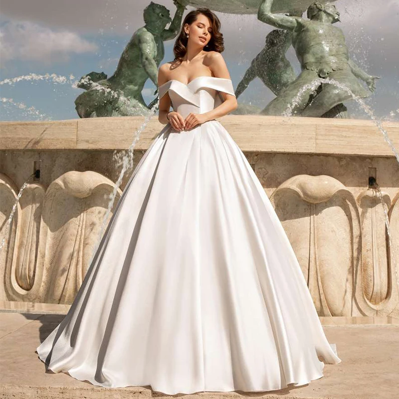 

Elegant Off-the-shoulder Satin Wedding Gowns Beaded Simple Robe de Mariee Corset Bridal Gown Customized