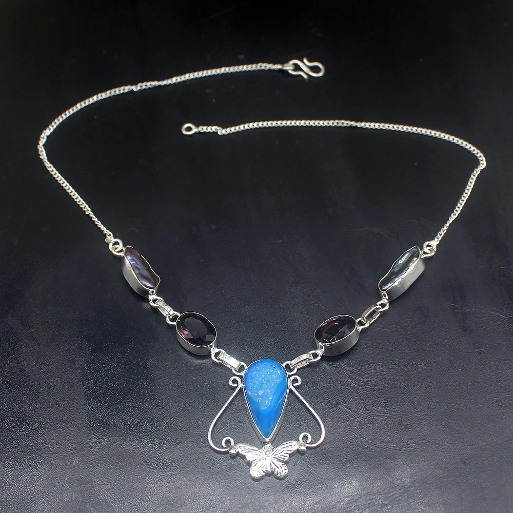 Gemstonefactory Jewelry Big Promotion 925 Silver Natural Druzy Amethyst Biwa Pearl Ladies Women Chain Necklace 46cm 202101652