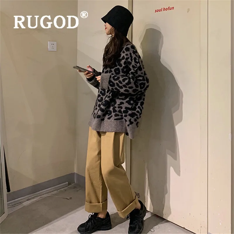 RUGOD женский свитер корейский стиль винтажный круглый вырез Леопардовый длинный рукав Свободный Пушистый свитер осень и зима