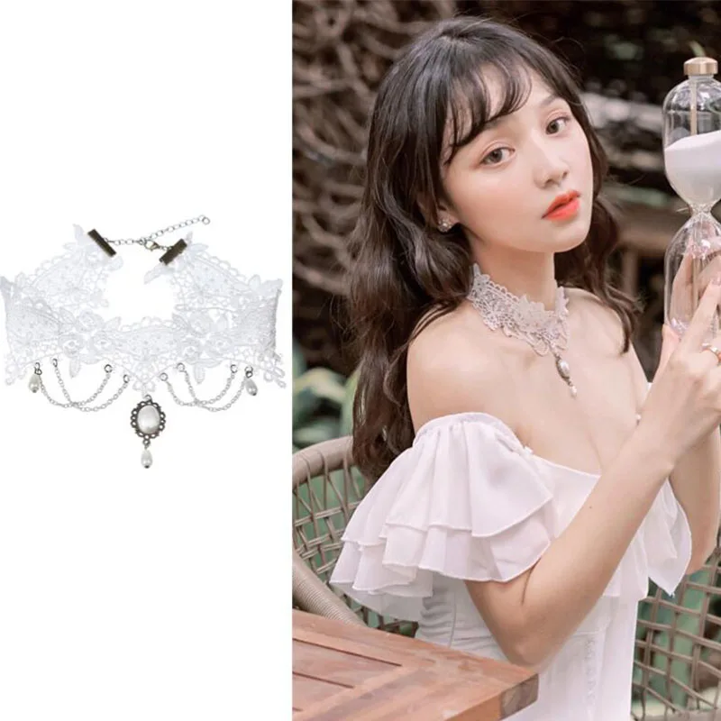 Gothic Classic Charm Fashion White Collar Women Lace Collar Party Handmade Velvet Lace Vintage Choker Necklace For Women Collar