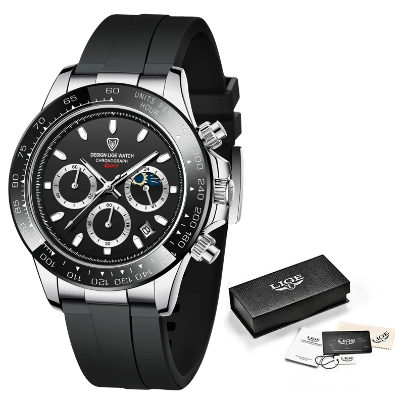 LIGE Men Watch Sport Chronograph Panda Dial Watches Fashion Man Quartz Wristwatch 30M Waterproof Luminous Watch Auto Date Clock 