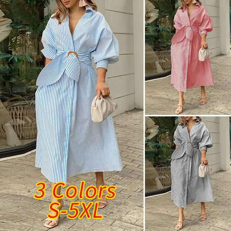 Striped Shirt Dress 2021 VONDA Women Vintage 3/4 Sleeve Lapel Neck Belted Dress Holiday Party Striped Long Vestidos Oversized Striped Shirt Dress 2021 VONDA Women Vintage 3/4 Sleeve Lapel Neck Belted Dress Holiday Party Striped Long Vestidos Oversized