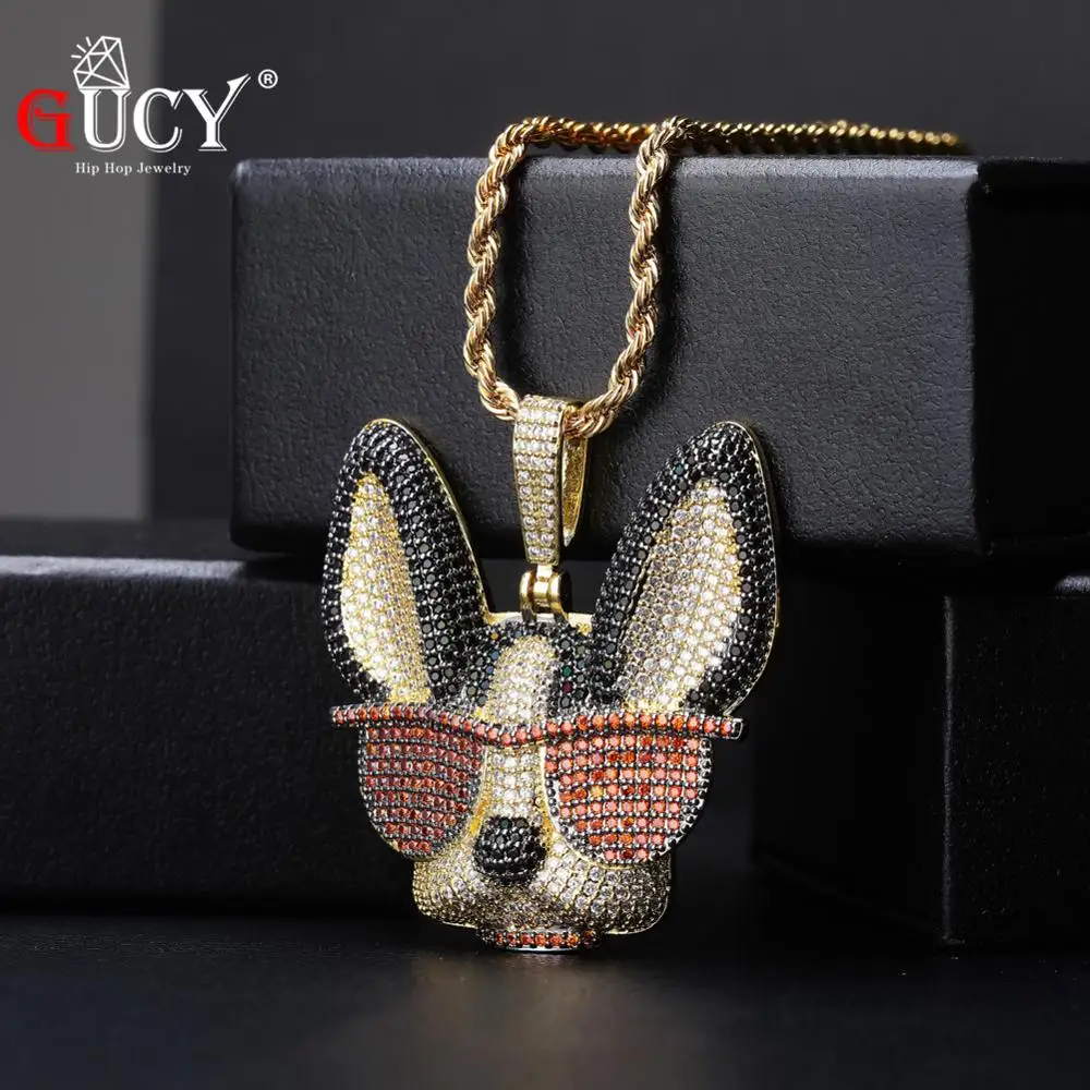 

GUCY Animal Chihuahua Necklace & Pendant Iced Out Tennis Chain Gold AAA Cubic Zircon Men's Women Hip hop Rock Jewelry