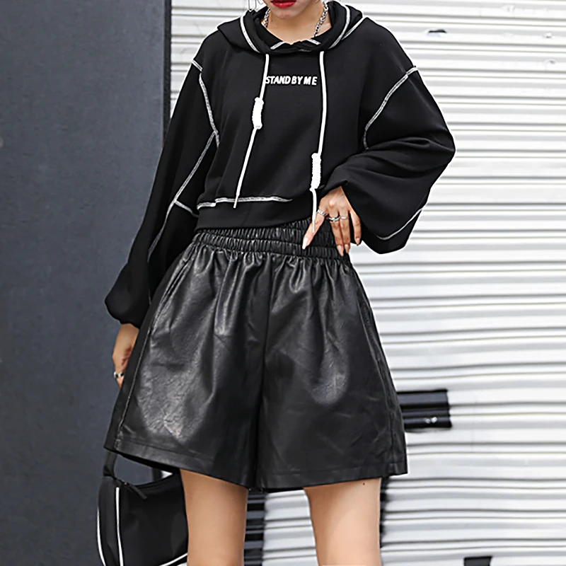 

XUXI PU Shorts Women Elastic High Waist Large Size Autumn 2020 Fashion Outer Wear Slimming Streetwear Straight Loose FZ3198