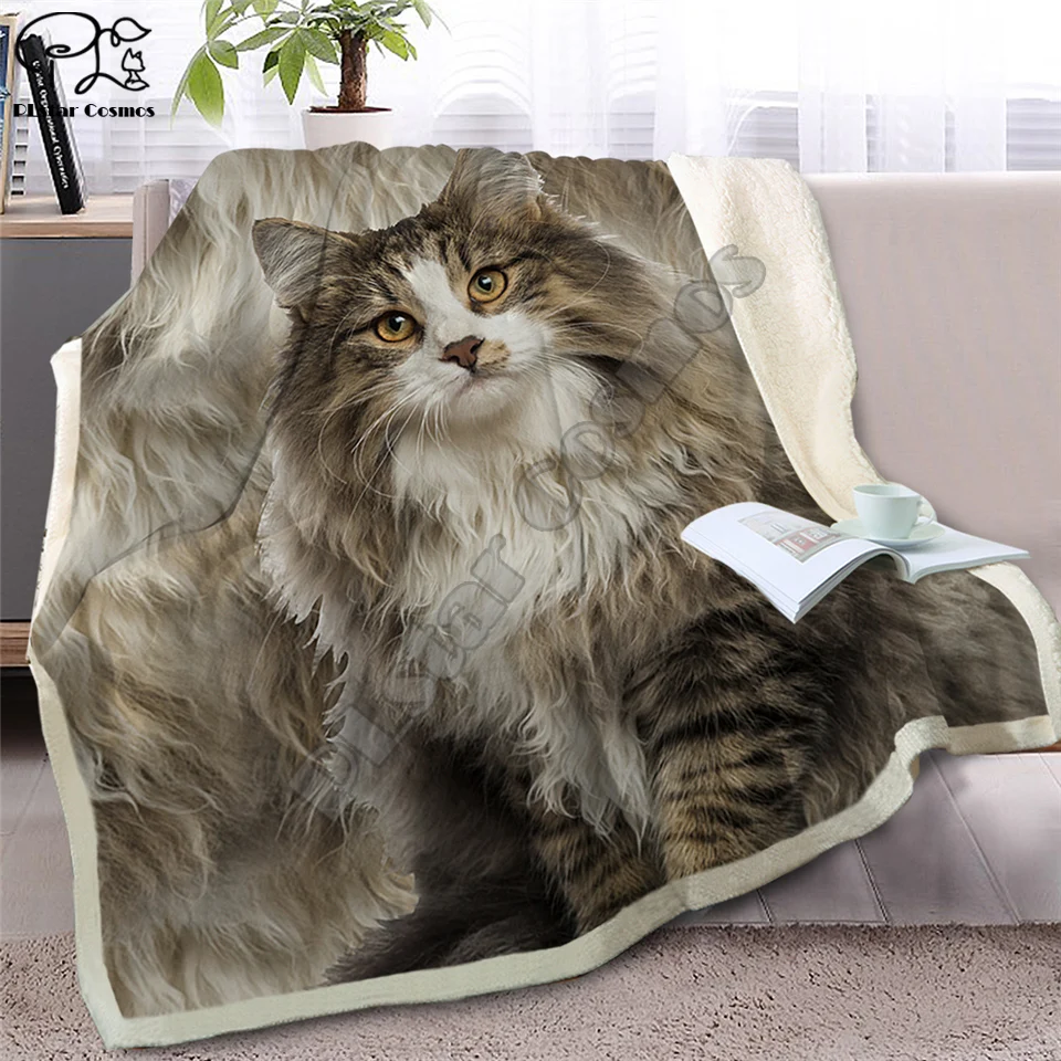 Gray Cat Throw Blanket on Bed 3D Animal Plush Sherpa Blanket Pet Siamese Bedspreads Fur Print Thin Quilt Drop Ship