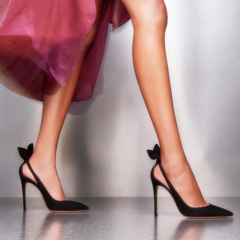 Женские весенние туфли на высоком каблуке с острым носком; черное эротичное платье-лодочки; туфли-лодочки в стиле знаменитостей с открытым носком и бантом