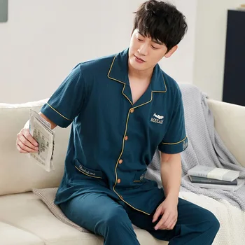 

Casual Loose Pijamas Suit Soft Cotton Men 2PCS Sleepwear Pajamas Set Short Sleeve Nightwear Shirt&pant Summer Homewear 3XL 4XL