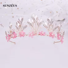 Розовые цветы, короны для девочек, кристаллы, бисерные листья, Детские диадемы, свадебные цветочные аксессуары для девочек, головная повязка для детей SQ420