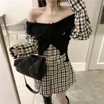

AULEAD 2020 Spring New Contrast Color Cross Best Plaid Dress Sexy Slash Neck A-line Dress Single Long Arm Mini Women Dresses 50C