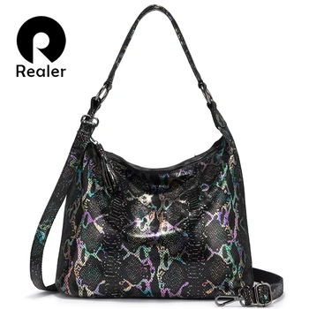

REALER shoulder bags for women 2020 genuine leather luxury handbag designer large Hobos bag with tassel animal prints women bag