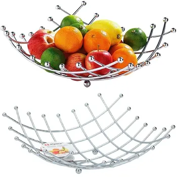 

Fruit Bowl Basket Stainless Steel Chrome Lattice Home Kitchen Dining