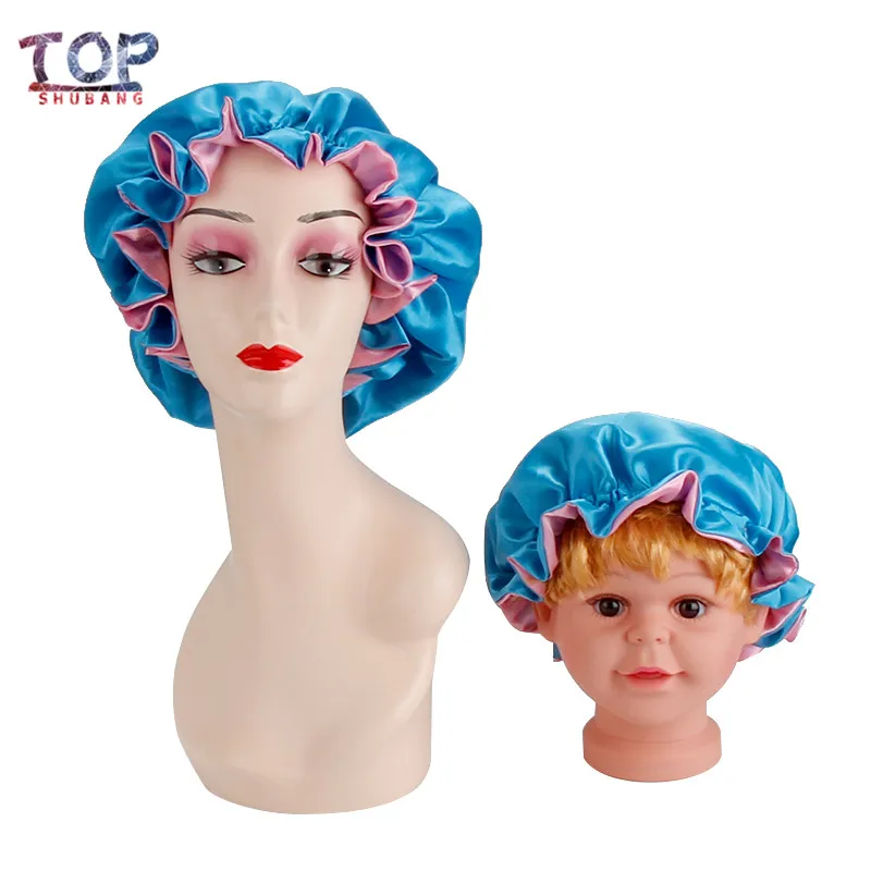 

Custom Logo Lake Blue & Pink Reversible Satin Silk Bonnets Mother/Kids Big Size Sleeping Bonnet Hair Sleep Caps