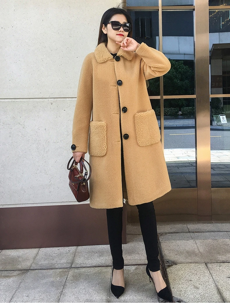 Женское зимнее пальто из 30% натуральной шерсти с мехом, теплая куртка, стрижка овец, пальто для девочек, Женская длинная куртка, пальто SY02