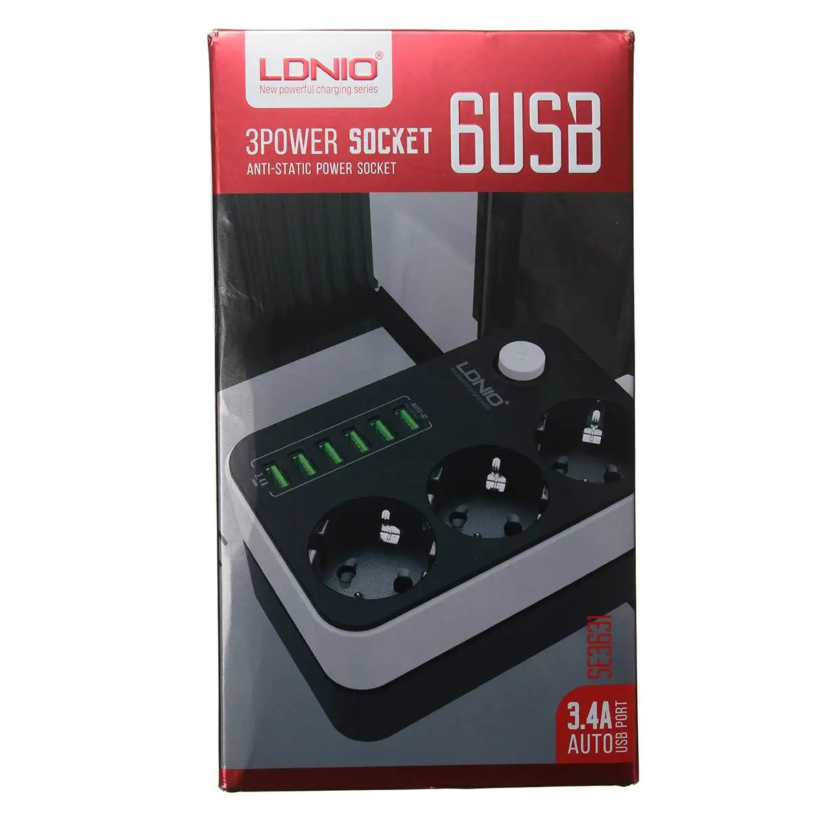 LDNIO, умный USB адаптер, зарядное устройство, 6 портов, 5 В, 3.4A, 2.4A, 3 розетки переменного тока, ЕС, розетка, удлинитель для Iphone 8 X, Xiaomi Mi9
