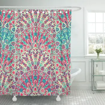 

Round Mandala Arabic Indian Ottoman Pink and Blue Floral Shower Curtain Waterproof Polyester Fabric 72 x 72 Inches Set with Hook