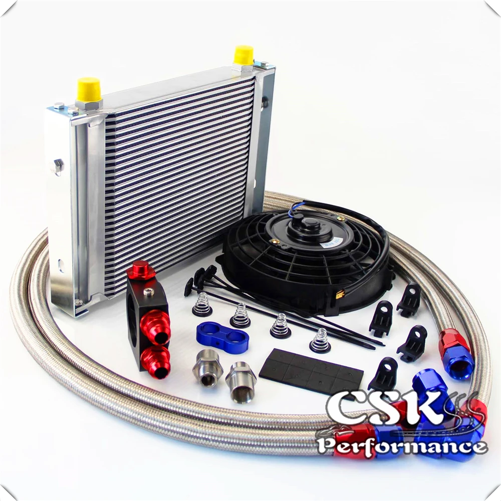 Universal AN10 30 Row Oil Cooler Thermostat Sandwich +7&quot Electric Fan kit Black / Silver |