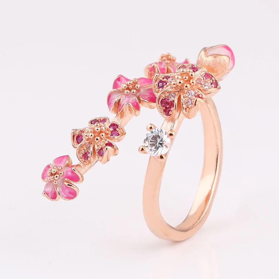 Silver Rose Ring S925 Authentic Enamel Peach Blossom With Crystal For Women Wedding Party Gift
