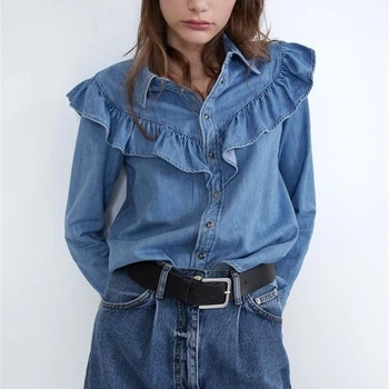 

fashion New women cascading ruffles denim shirt office ladies turn down collar long sleeve solid blouses roupas chic tops