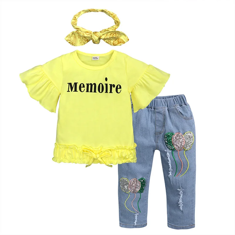 

Baby Girl Clothes Set Flare Short Sleeve O-Neck Letter Tops + Embroidered Jeans + Headband 3PCS Little Girls Clothing 9M-7T