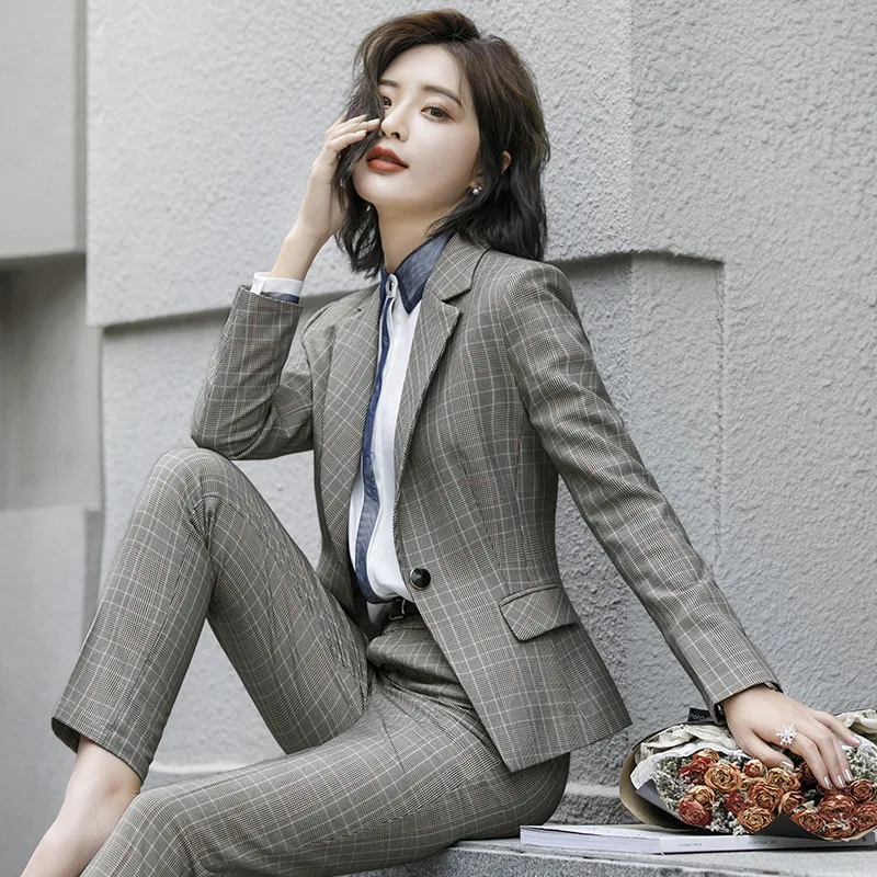 Ladies suit autumn and winter new casual plaid long-sleeved suit fashion elastic waist pants set two-piece temperament women