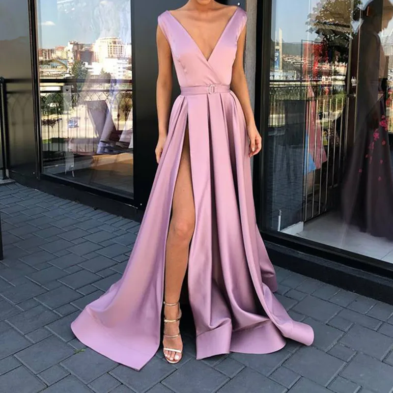A-Line Special Occasion Evening Dresses Long V-Neck Evening Prom Gowns High Sexy Split Side Vestidos Fashion 2019 (6)
