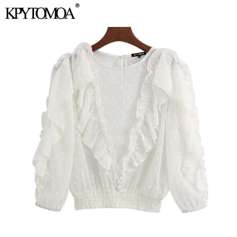 

Vintage Sweet Ruffles See Through Cropped Blouses Women 2020 Fashion Three Quarter Sleeve Elastic Waist Female Shirts Chic Tops