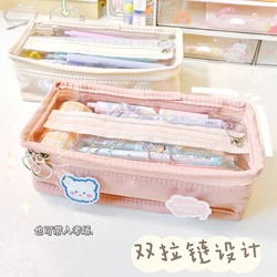 New Badge Pencil Case Student Transparent Large Capacity Pen Case Pencil Bags Ins Fashion Solid Stationery Storage Bag Female