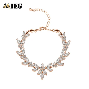 

MIEG Brand CZ Bracelets Bangle For Women Jewelry Clear Leaf Crystal Cubic Zirconia Bracelets Adjustable Link Chain