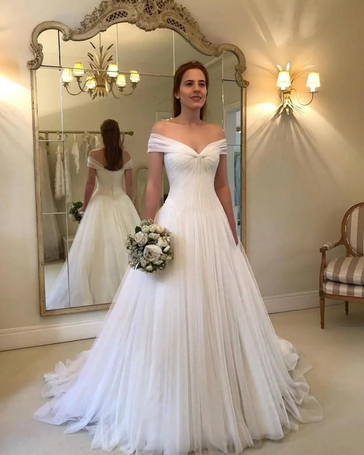 

vivian's bridal 2019 simple soft organza wedding dress elegant off shoulder pleat tiered back zipper fluffy bridal dress