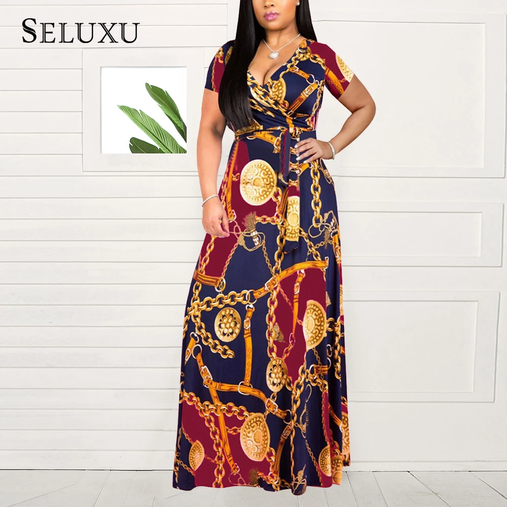 

Seluxu 2019 Summer Women Dress African Style Dress V-Neck Short Sleeve Dress Chain Print Plus Size Women Dress Women Maxi Dress