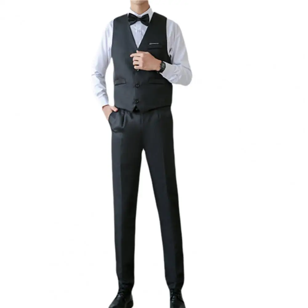 Business Suit Set V Neck Formal Men Solid Color Buttons Vest Shirt Pants for Wedding