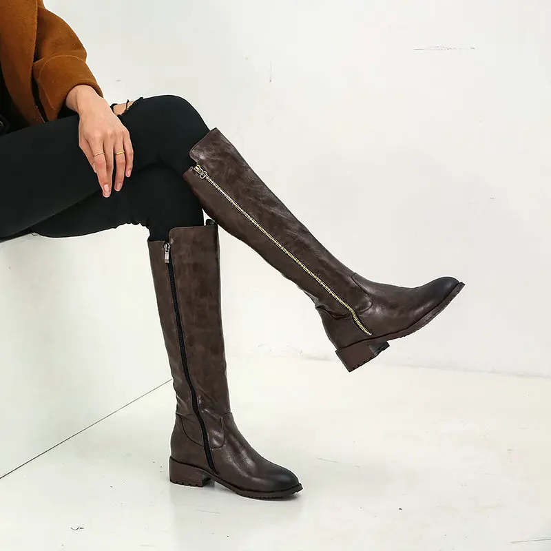 QUTAA/ г. Повседневная Нескользящая женская обувь из PU искусственной кожи на среднем каблуке Модные осенне-зимние сапоги до колена с круглым носком на молнии размеры 34-43